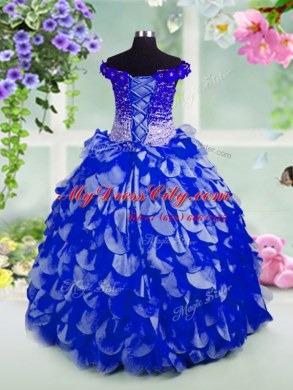 Off the Shoulder Floor Length Royal Blue Winning Pageant Gowns Organza Sleeveless Beading and Hand Made Flower