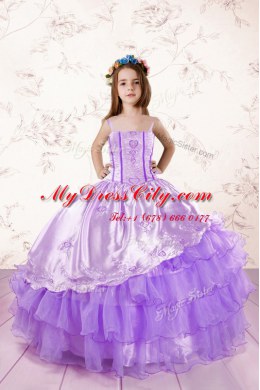 Lavender Ball Gowns Organza Spaghetti Straps Sleeveless Embroidery and Ruffled Layers Floor Length Lace Up Pageant Dress Toddler