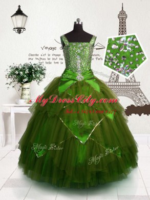 Custom Made Olive Green Ball Gowns Tulle Straps Sleeveless Beading and Belt Floor Length Lace Up Juniors Party Dress