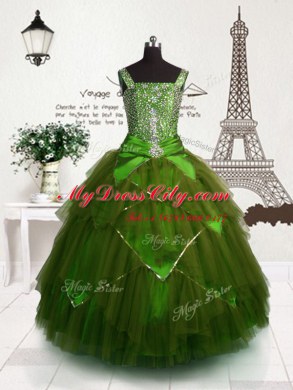 Custom Made Olive Green Ball Gowns Tulle Straps Sleeveless Beading and Belt Floor Length Lace Up Juniors Party Dress