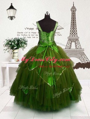 Custom Made Olive Green Ball Gowns Tulle Straps Sleeveless Beading and Belt Floor Length Lace Up Juniors Party Dress