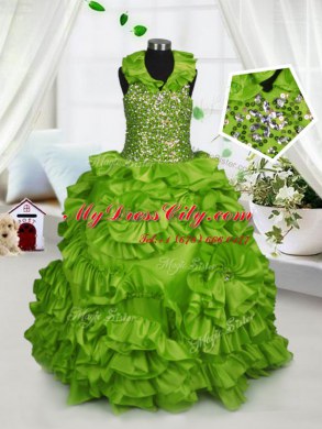 Halter Top Olive Green Zipper Little Girls Pageant Dress Beading and Ruffles Sleeveless Floor Length