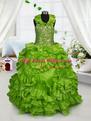 Halter Top Olive Green Zipper Little Girls Pageant Dress Beading and Ruffles Sleeveless Floor Length