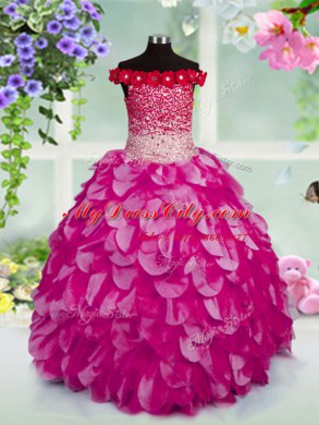 Fuchsia Off The Shoulder Neckline Beading and Hand Made Flower Little Girls Pageant Gowns Sleeveless Lace Up