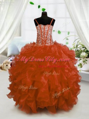 Rust Red Lace Up Spaghetti Straps Beading and Ruffles Juniors Party Dress Organza Sleeveless