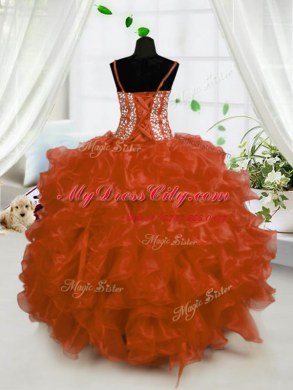 Rust Red Lace Up Spaghetti Straps Beading and Ruffles Juniors Party Dress Organza Sleeveless