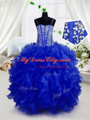 Royal Blue Ball Gowns Beading and Ruffles Pageant Dress Lace Up Organza Sleeveless Floor Length