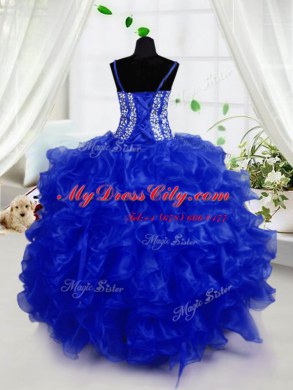 Royal Blue Ball Gowns Beading and Ruffles Pageant Dress Lace Up Organza Sleeveless Floor Length