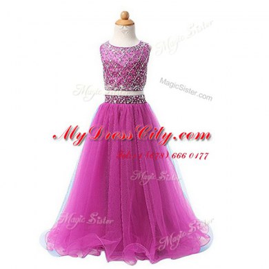 Fuchsia Organza Zipper Scoop Sleeveless Floor Length Toddler Flower Girl Dress Beading