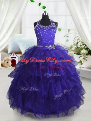 Hot Selling Scoop Sleeveless Pageant Dress for Teens Floor Length Beading and Ruffled Layers Navy Blue Organza