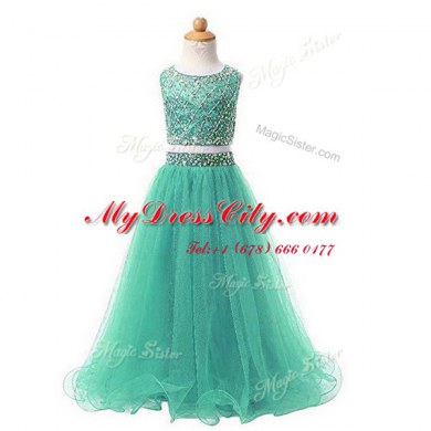 Dramatic Scoop Sleeveless Lace Up Floor Length Beading Flower Girl Dress