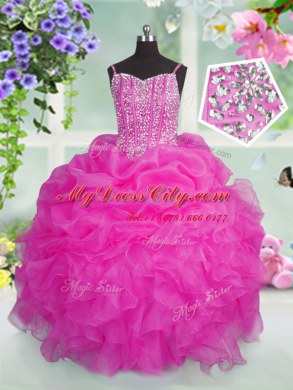 Customized Baby Pink Lace Up Spaghetti Straps Beading and Ruffles and Pick Ups Pageant Dress for Girls Organza Sleeveless