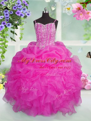 Customized Baby Pink Lace Up Spaghetti Straps Beading and Ruffles and Pick Ups Pageant Dress for Girls Organza Sleeveless