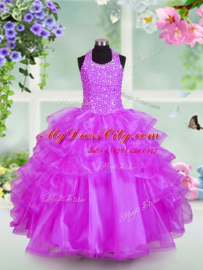 Halter Top Lilac Organza Lace Up Pageant Dress Wholesale Sleeveless Floor Length Beading and Ruffled Layers