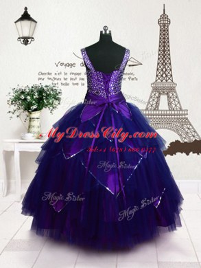 Enchanting Purple Lace Up Straps Beading and Belt Girls Pageant Dresses Tulle Sleeveless