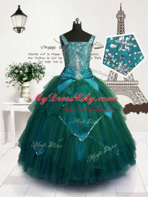 Top Selling Teal Sleeveless Tulle Lace Up Pageant Dress for Party and Wedding Party