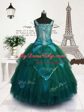 Top Selling Teal Sleeveless Tulle Lace Up Pageant Dress for Party and Wedding Party