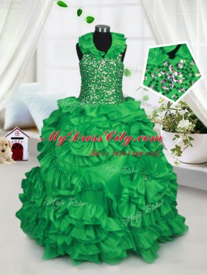 Green Zipper Halter Top Beading and Ruffles Party Dress for Toddlers Taffeta Sleeveless