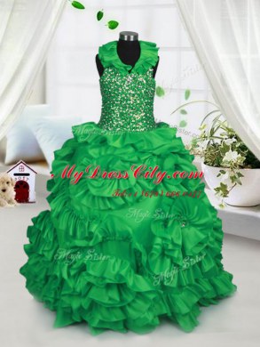 Green Zipper Halter Top Beading and Ruffles Party Dress for Toddlers Taffeta Sleeveless