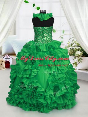 Green Zipper Halter Top Beading and Ruffles Party Dress for Toddlers Taffeta Sleeveless