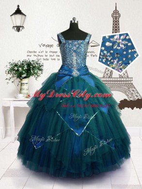 High Class Teal Ball Gowns Tulle Straps Sleeveless Beading and Belt Floor Length Lace Up Little Girls Pageant Gowns