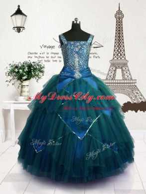 High Class Teal Ball Gowns Tulle Straps Sleeveless Beading and Belt Floor Length Lace Up Little Girls Pageant Gowns