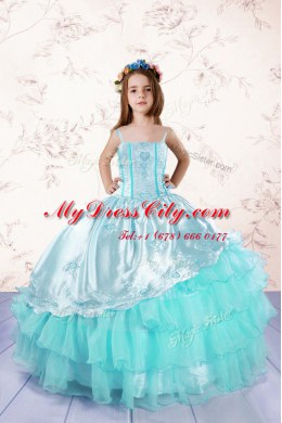 Elegant Turquoise Sleeveless Embroidery and Ruffled Layers Floor Length Party Dress for Toddlers