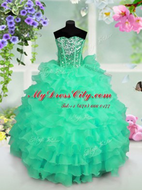 Ruffled Layers and Sequins Party Dresses Turquoise Lace Up Sleeveless Floor Length