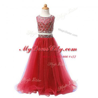 Hot Selling Scoop Sleeveless Toddler Flower Girl Dress Floor Length Beading Red Organza