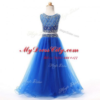 Aqua Blue Two Pieces Scoop Sleeveless Organza Floor Length Zipper Beading Flower Girl Dresses for Less