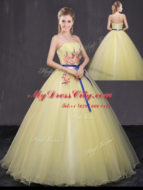 Discount Floor Length Yellow Vestidos de Quinceanera Tulle Sleeveless Appliques