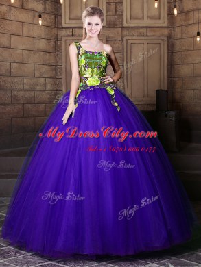 One Shoulder Sleeveless Tulle Floor Length Lace Up 15th Birthday Dress in Blue with Pattern