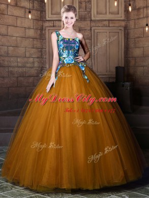 Decent One Shoulder Brown Sleeveless Pattern Floor Length Sweet 16 Dresses