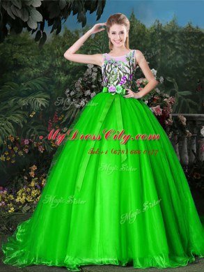 Scoop Sleeveless Organza 15th Birthday Dress Appliques and Belt Brush Train Zipper