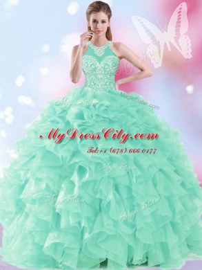 Lovely Organza Halter Top Sleeveless Lace Up Beading and Ruffles Sweet 16 Dress in Apple Green