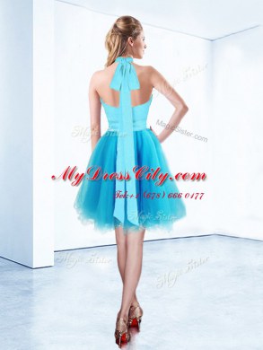 Aqua Blue A-line Organza Halter Top Sleeveless Ruching and Belt Knee Length Zipper Prom Evening Gown