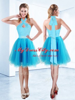 Aqua Blue A-line Organza Halter Top Sleeveless Ruching and Belt Knee Length Zipper Prom Evening Gown