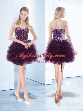 Custom Designed Sleeveless Organza Floor Length Lace Up Dress for Prom in Dark Purple with Beading and Ruffles