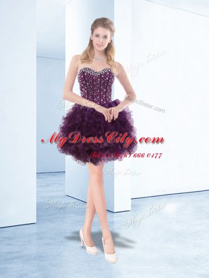 Custom Designed Sleeveless Organza Floor Length Lace Up Dress for Prom in Dark Purple with Beading and Ruffles