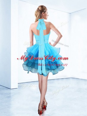 Halter Top Sleeveless Floor Length Ruffles and Ruching and Belt Zipper Homecoming Dress with Baby Blue