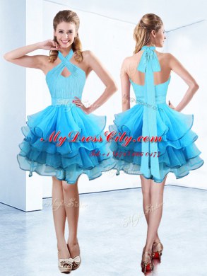 Halter Top Sleeveless Floor Length Ruffles and Ruching and Belt Zipper Homecoming Dress with Baby Blue