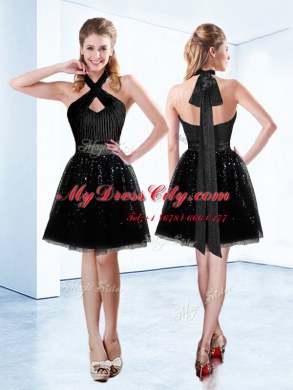 Halter Top Black Sleeveless Knee Length Sequins and Belt Zipper Evening Dress