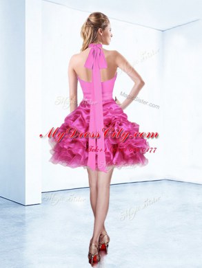 Halter Top Hot Pink Zipper Custom Made Ruffles and Ruching and Belt Sleeveless Mini Length