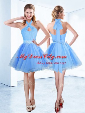 Adorable Blue Halter Top Zipper Ruching and Belt Prom Party Dress Sleeveless