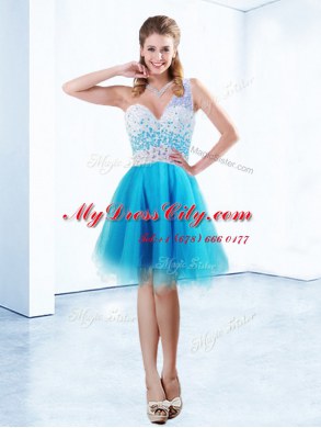 Sophisticated One Shoulder Tulle Sleeveless Knee Length Prom Evening Gown and Beading