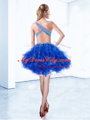 Simple One Shoulder Royal Blue A-line Beading and Ruffles Homecoming Dress Criss Cross Organza Sleeveless Knee Length