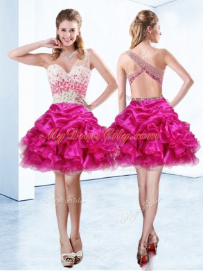 Fitting One Shoulder Sleeveless Dress for Prom Knee Length Beading and Ruffles and Pick Ups Fuchsia Organza