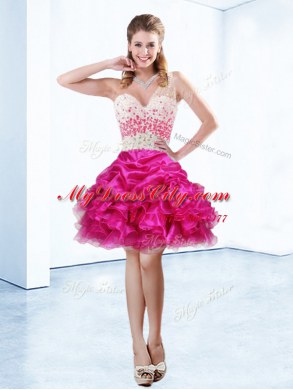 Fitting One Shoulder Sleeveless Dress for Prom Knee Length Beading and Ruffles and Pick Ups Fuchsia Organza