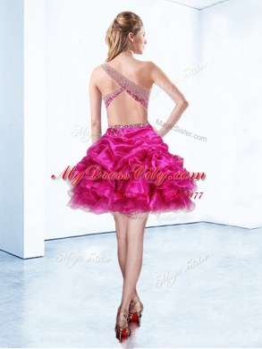 Fitting One Shoulder Sleeveless Dress for Prom Knee Length Beading and Ruffles and Pick Ups Fuchsia Organza