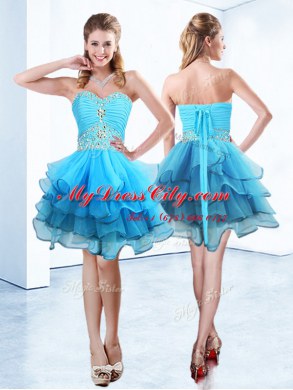 Sweet Blue Sweetheart Lace Up Beading and Ruffled Layers Prom Evening Gown Sleeveless